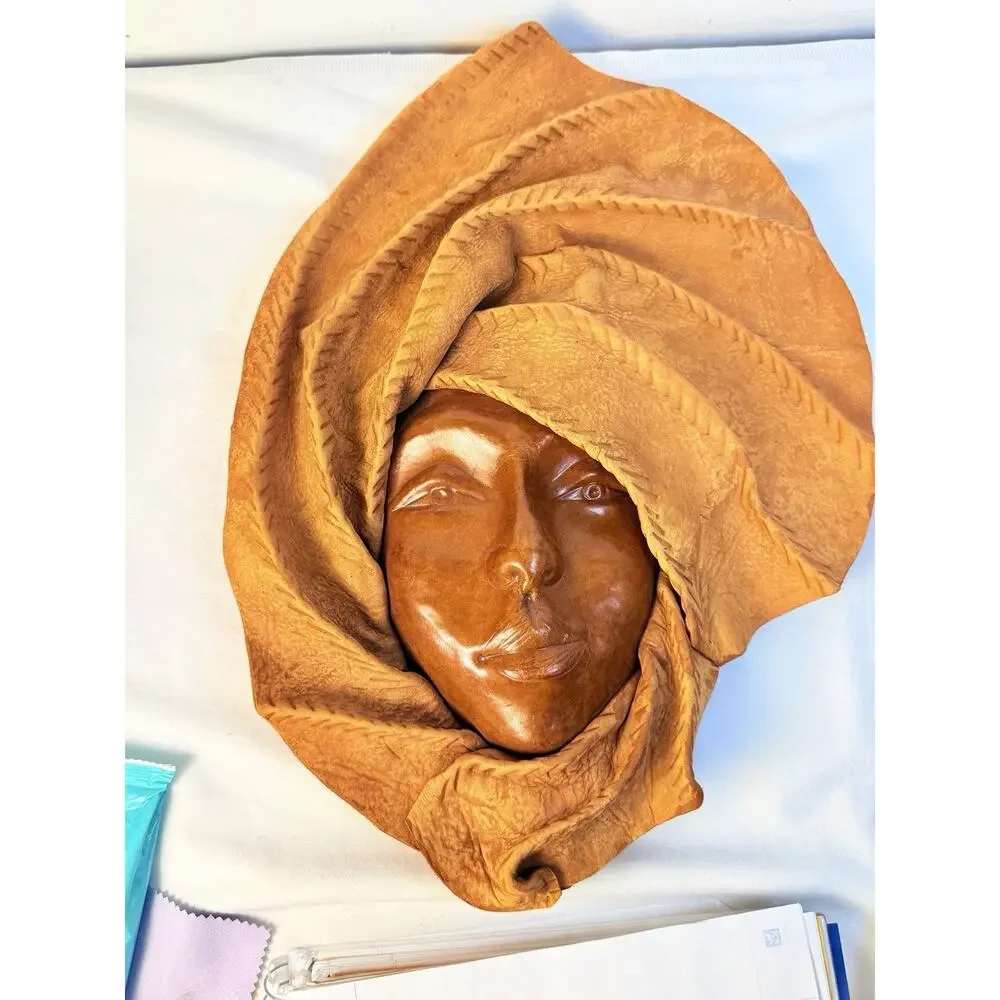 Leather Sculped Hand Tooled Molded Face Mask Wall Decor Folk Art 16x12
